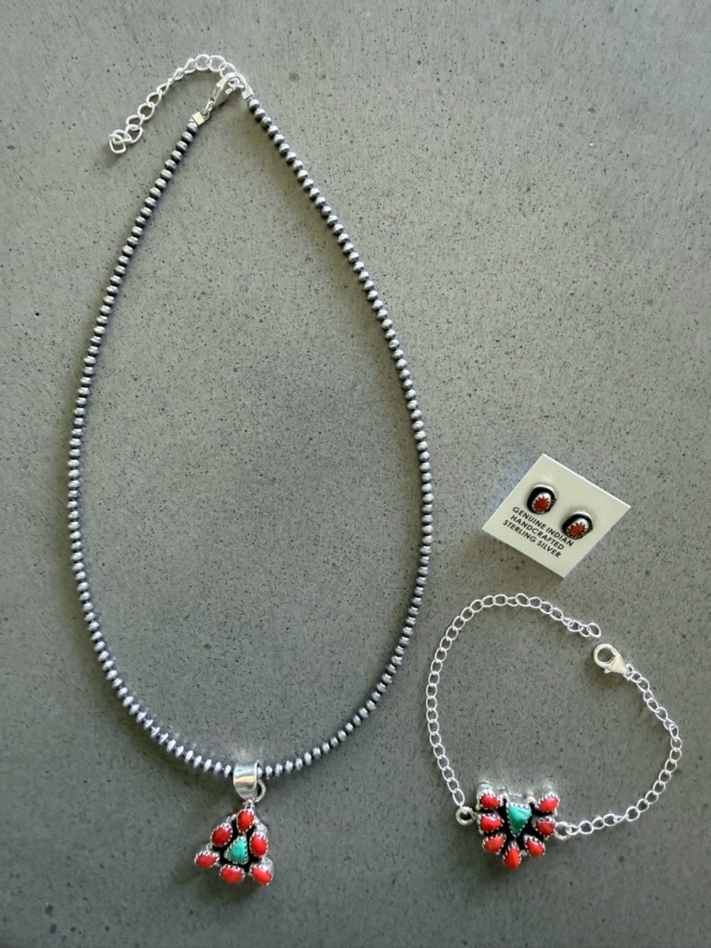 Sterling Silver Turquoise & Red Coral Set | Native Coral Studs | Emerald Valley
